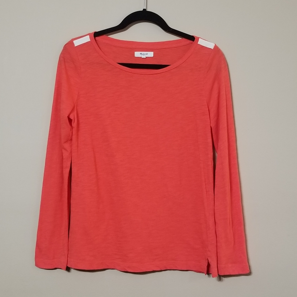 Madewell Coral Orange White Scoop Neck Long Sleeve Shirt, Size Small